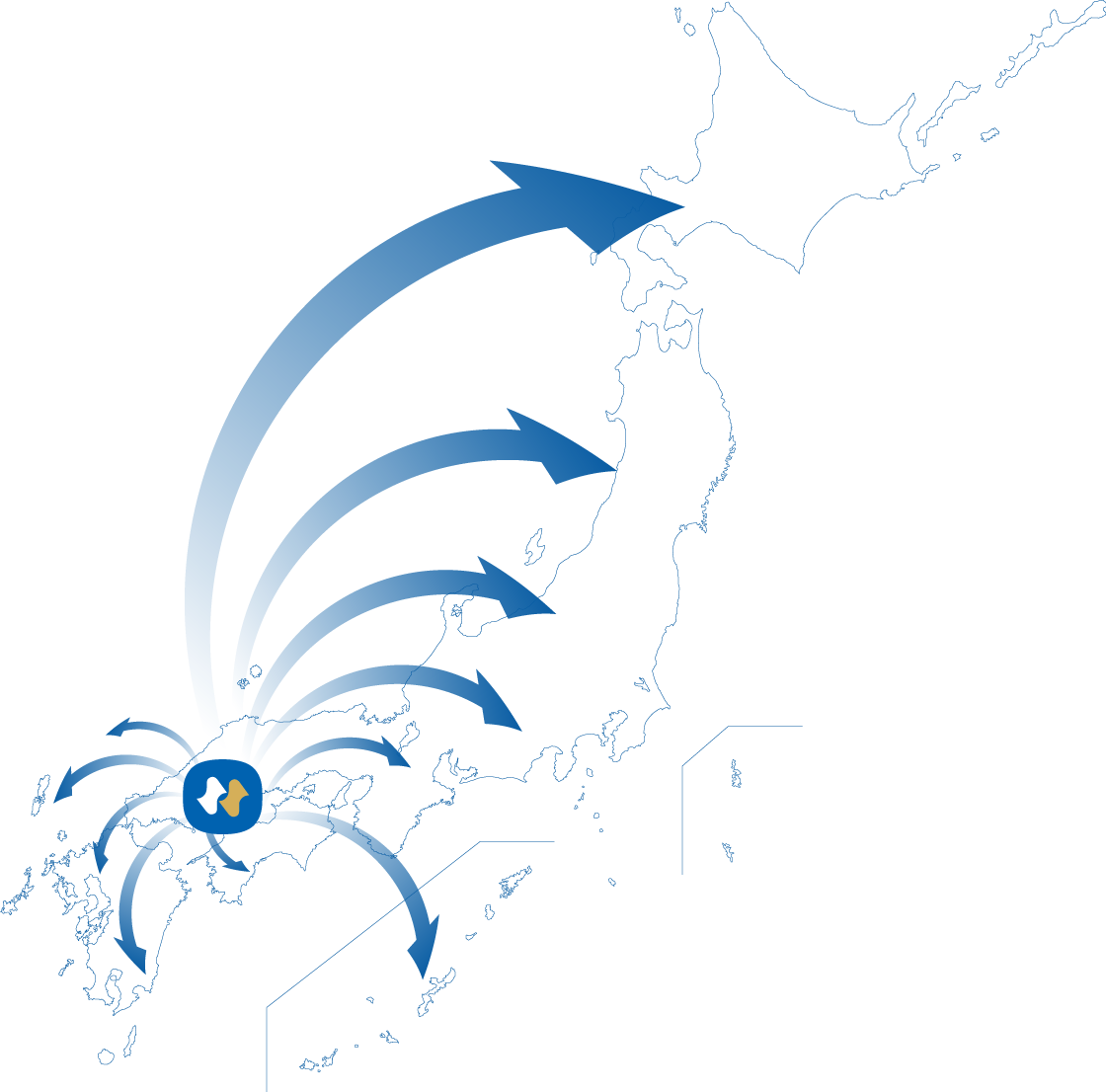 広島から日本全国へ広がっていく地図